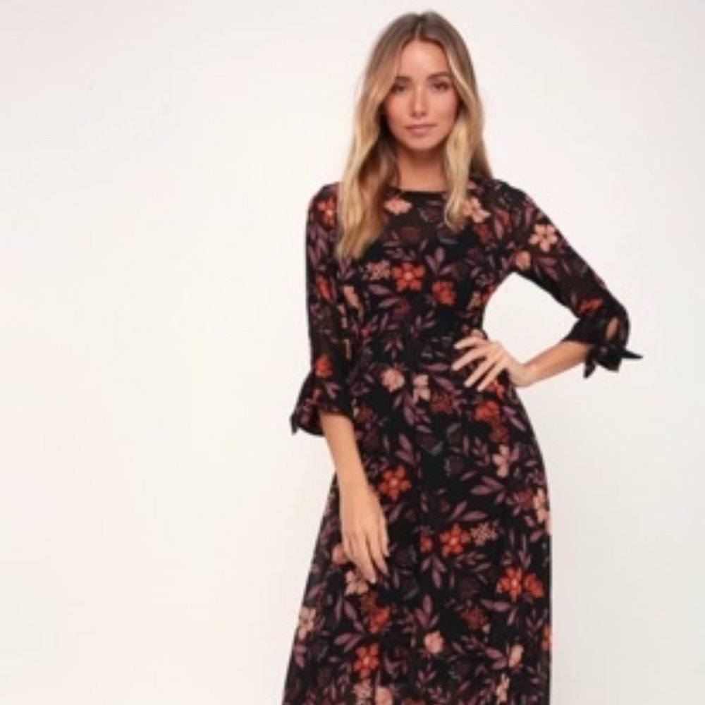 Lulu's Passionate Love Black Floral Print Midi Dress